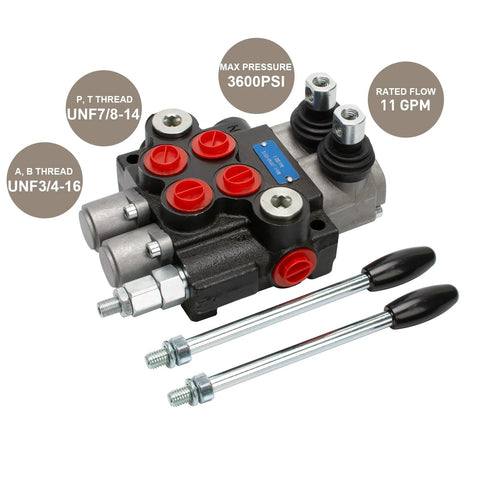 Hydraulic Directional Control Valve 2 Spool 11 GPM SAE Ports Tractor Loader Valve With Joystick Black for log splitters and tractors