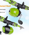 Close-up of green spincast reel from All In One Kid Friendly Fishing Rod And Reel Set With Tackle Box Lures And Portable Bag