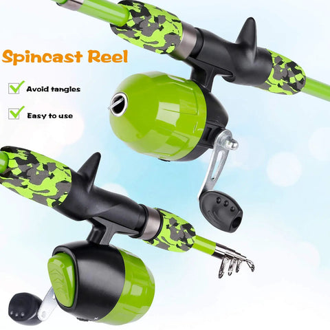 Close-up of green spincast reel from All In One Kid Friendly Fishing Rod And Reel Set With Tackle Box Lures And Portable Bag