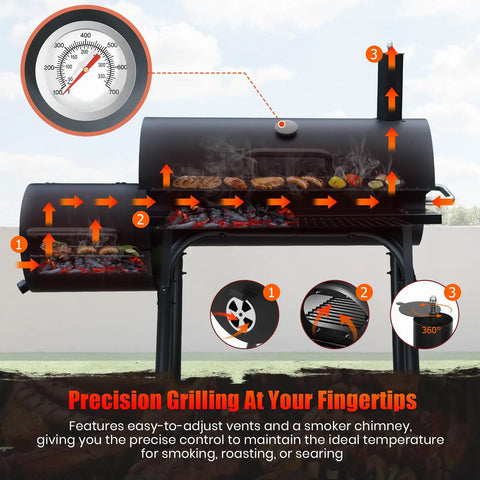 Diagram of Charcoal Grill Offset Smoker With Built In Thermometer And Adjustable Air Vents For Grillin Precision showing airflow and features.