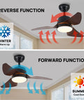 Ultra Quiet DC Motor Ceiling Fan With LED Light For Indoor Outdoor Use, 35 Inch Waterproof IP44, illustrating reverse and forward modes.