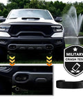 RAM 1500 Tow Hooks Covers Hitch Cap Black Front Tow Hook Cover on a 2019-2025 Dodge RAM truck, matte black finish.