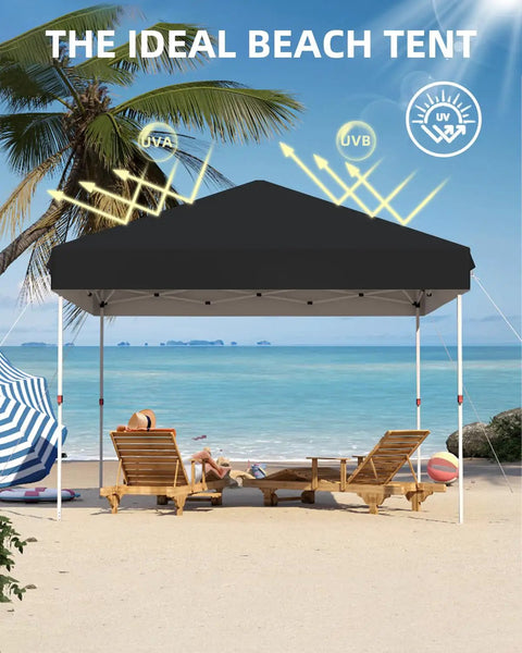10x10 Pop Up Canopy Tent With One Button Push Setup Heavy Duty Outdoor Shelter on a beach with UV protection marking.