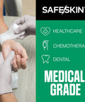 Front view: Safeskin nitrile exam gloves, white, size medium, medical-grade for healthcare use.
