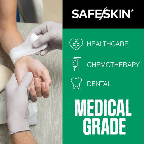 Close-up of a hand putting on SafeSkin nitrile exam gloves; white, powder-free, large size.