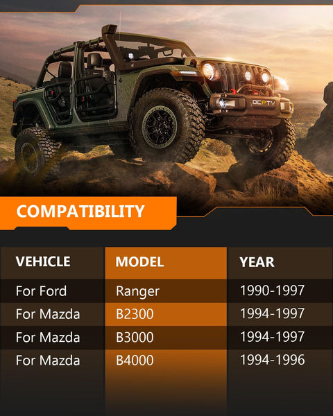 Jeep on rocky terrain with compatibility chart for Ford Ranger And Mazda B2300 B3000 B4000 Front And Rear Shocks Struts Set