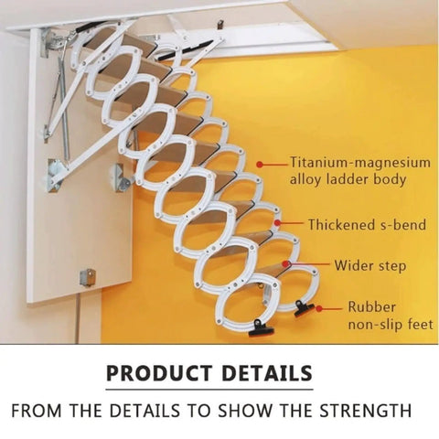 Hella Smooth Electric Pull Down Attic Ladder Built Heavy Duty With Slick Carbon Steel Frame And Remote Control For No Sweat Ceiling Access Telescopic Folding Retractable Staircase 80X120CM, showing titanium-magnesium alloy details.