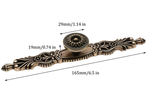 Close-up of 5 Piece Vintage Antique Floral Cabinet Handles Set With Bronze Finish, dimensions marked