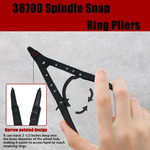 Beefy 12 Inch Snap Ring Pliers Set For Spindle Installation And Removal Internal And External Circlips Built For Ford Super Duty Pickups 2007 And Newer being held by a person's hand.