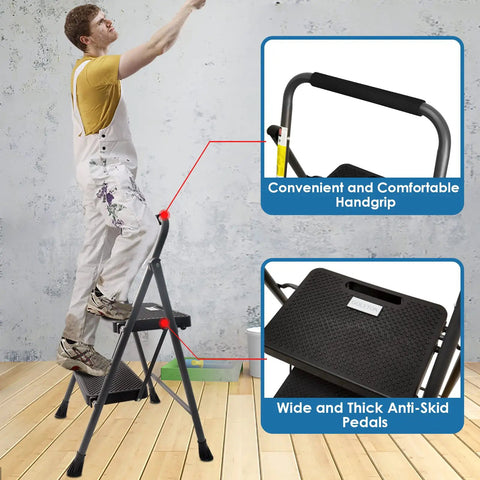 Person using Two Step Folding Ladder With Wide Anti Slip Pedals And Comfort Handle Lightweight Steel Heavy Duty 500 Pound Capacity