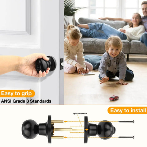 Slick Egg Style Privacy Knobs Keyless Interior Door Handles Matte Black Stainless Steel Finish with easy grip design.
