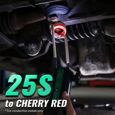 Mxmoonfree induction bolt heater under a car; coil-wrapped bolt with red heated tip, green handheld tool
