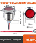 Dimensions of Pair 22mm Metal Indicator Light Panel Mount Super Bright Red LED Waterproof IP67 110 To 220 VAC with 20cm Wire