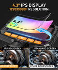 4.3" IPS display showing 1920x1080P resolution for the Ultra Slim 3.9mm Two Way Articulating Borescope with camera.