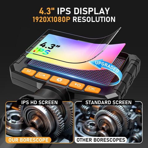 4.3" IPS display showing 1920x1080P resolution for the Ultra Slim 3.9mm Two Way Articulating Borescope with camera.