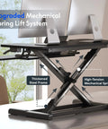 36 Inch Standing Desk Converter Riser with Smooth Spring Lift System, heavy-duty steel frame, dual monitors shown