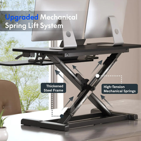 36 Inch Standing Desk Converter Riser with Smooth Spring Lift System, heavy-duty steel frame, dual monitors shown