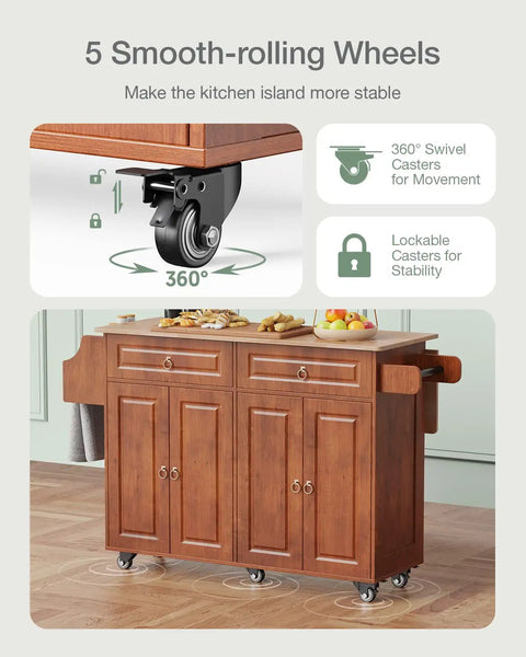 Drop Leaf Kitchen Island On Wheels With Two Drawers And Double Door Cabinets, featuring 5 smooth-rolling wheels.