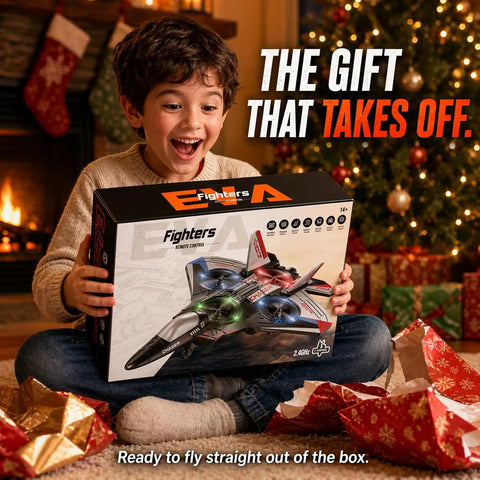 Child holding Big Power 2.4GHz RC Plane For Kids And Adults Easy To Fly Foam Airplane With LED Lights box near Christmas tree