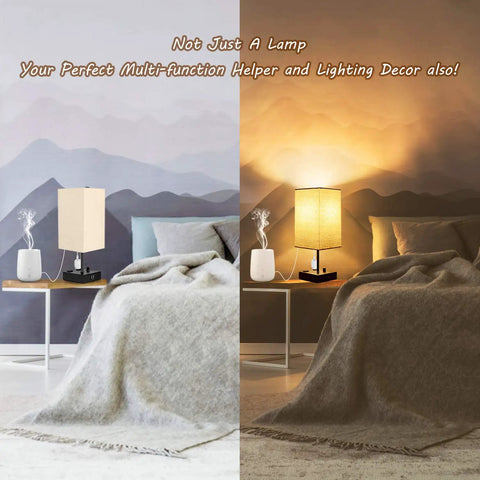 Fully Dimmable USB Bedside Lamps Set of 2 With Dual USB Ports and 2 AC Outlets shown on nightstands with cream fabric shade