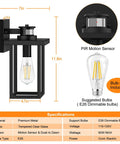 Diagram of Upgraded Motion Sensor Outdoor Wall Light with Dusk to Dawn Auto Mode in matte black, showing dimensions and specifications.