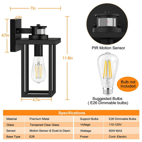 Diagram of Upgraded Motion Sensor Outdoor Wall Light with Dusk to Dawn Auto Mode in matte black, showing dimensions and specifications.