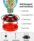 Diagram of Solar Powered Hummingbird Feeder With 49 Fl Oz Capacity Hand Blown Blue Glass Color Changing Night Glow Seven Feeding Ports With Perch Never Leaks Outdoor Hanging For Your Yard, showing components and features.