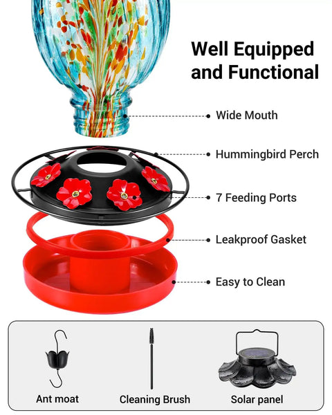 Diagram of Solar Powered Hummingbird Feeder With 49 Fl Oz Capacity Hand Blown Blue Glass Color Changing Night Glow Seven Feeding Ports With Perch Never Leaks Outdoor Hanging For Your Yard, showing components and features.