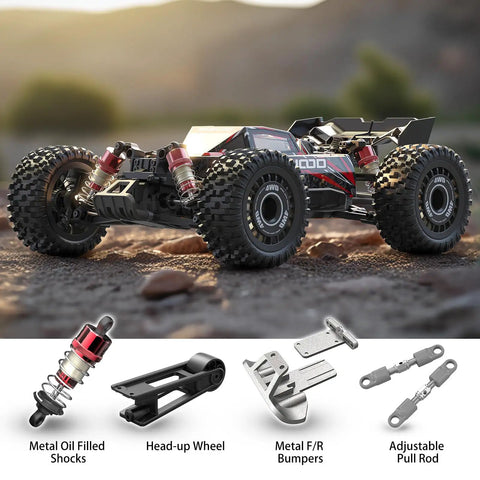 1 To 16 Scale Brushless RC Car With 42 MPH Top Speed, 4WD Ready To Run Truck, Includes Two LiPo Batteries And DIY Body Kit, Water Resistant RTR Beast For Adults showing metal shocks and parts