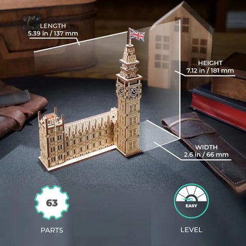 Big Ben 3D Puzzle Kit With 63 Pieces 7.12 Inch Brown Wooden Model Of Parliament Clock Tower DIY Wood Craft for desk display