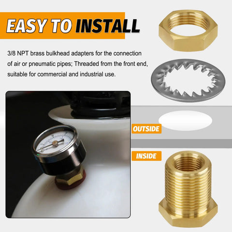 2 Pack Solid Brass Bulkhead Fittings 3/8 NPT Taper Female To 1 Inch Straight Male Connector with Metal Wave Ring Installed