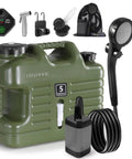 Portable Camping Shower Kit With 5 Gallon Water Jug And 6000mAh Rechargeable Battery IPX7 Waterproof Pump, accessories visible