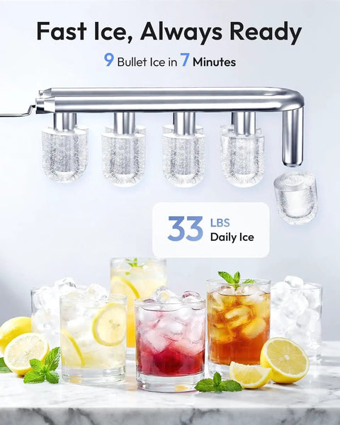 Top Shelf 4-In-1 Countertop Water Dispenser Plus Fast Ice Maker with bullet ice cubes ready in 7 minutes for refreshing drinks.