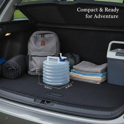 Collapsible Bucket For Camping And Home Use in car trunk with backpack and folded blankets, Folding Water Container With Handy Handle, Space Saving Gear