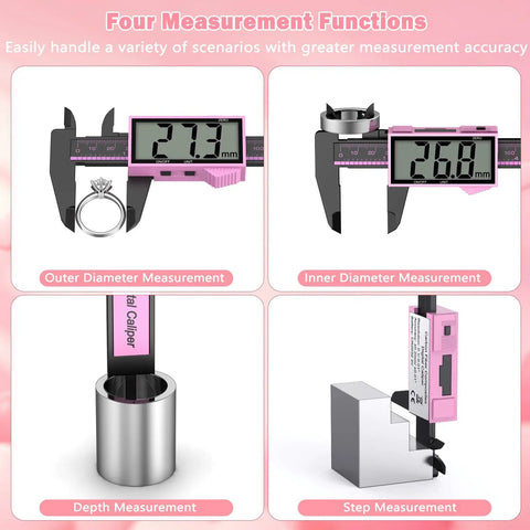 6 Inch Digital Caliper With Large LCD Screen, 0.01 Inch Precision, Inch Millimeter Switch, Auto Off, Pro Level DIY Measuring Tool For Accurate, Everyday Projects And Quick, Reliable Measurements, pink, showing outer, inner, depth, and step measurements