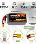 Two Battery Pack 750mAh 14 8V LiPo Battery 4S 110C With XT30 Plug, showing size, XT30 plug, and specs for RC hobby models.