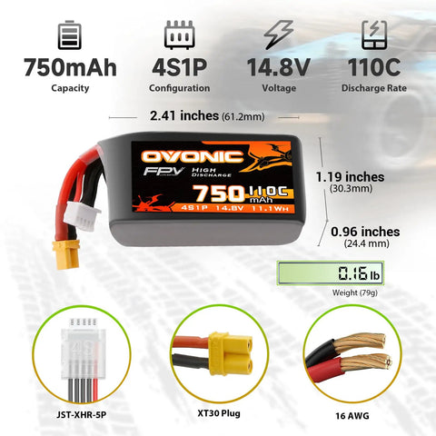 Two Battery Pack 750mAh 14 8V LiPo Battery 4S 110C With XT30 Plug, showing size, XT30 plug, and specs for RC hobby models.