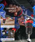 Straight Fire Brushless Hammer Drill Compatible With Makita 18V Battery showing two variable speed settings for diverse applications.