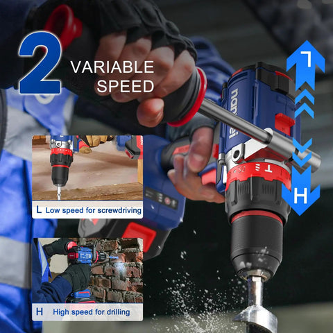 Straight Fire Brushless Hammer Drill Compatible With Makita 18V Battery showing two variable speed settings for diverse applications.
