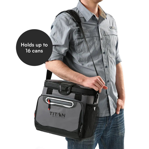 Man holding Soft Sided Cooler With Hard Body Liner And Smart Shelf Insulated Bag For Lunch And Travel, 16 Can Capacity