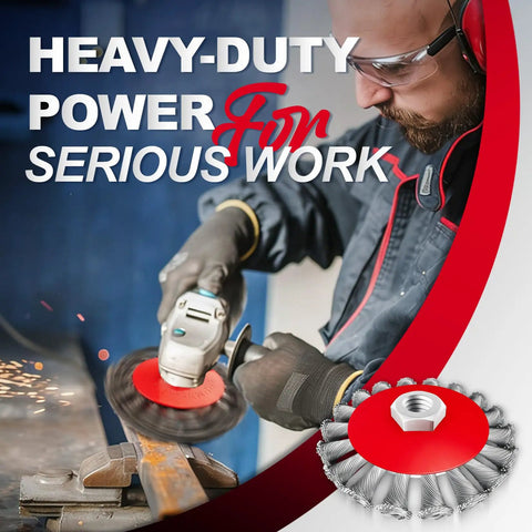 Man using Twelve Pack Angle Grinder Wire Wheel Set 3 inch and 4 inch brushes for five eighths inch arbor rust removal on metal surface.