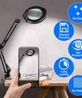 10X Magnifying Lamp With Light And Stand for reading crafts jewelry sewing, shown with phone displaying LED desk clamp features
