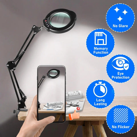 10X Magnifying Lamp With Light And Stand for reading crafts jewelry sewing, shown with phone displaying LED desk clamp features