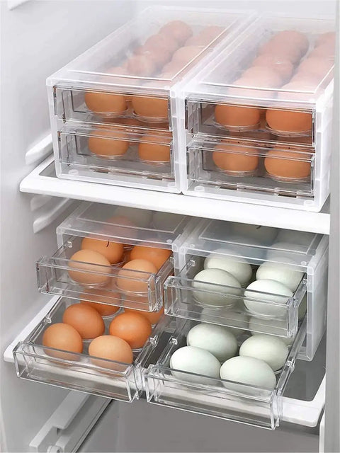 Drawer Style 24 Egg Holder For Refrigerator Double Layer Plastic Egg Storage Box in fridge with clear drawers displaying eggs