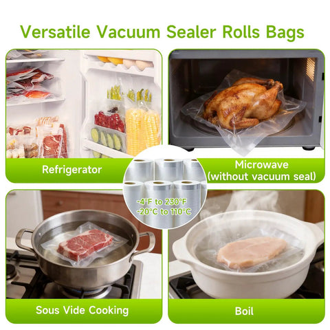 Premium Vacuum Sealer Bags 6 Pack With 3 Rolls 11x20 And 3 Rolls 8x20 BPA Free used in refrigerator, microwave, sous vide, boil