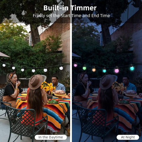 Outdoor Smart String Lights With App Control, 50 Feet Waterproof RGB G40 LED Bulbs in patio during day and night