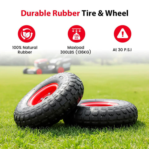 Two 4.10/3.50-4 Tire And Wheel Set, 10 Inch Air Filled Wheels With 5/8 Inch Axle Bore resting on grass, red rim visible