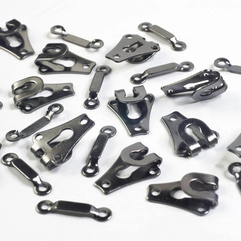 Heavy Duty Pant Hooks And Eyes Closure Kit For Clothing Repair Rock Solid Sewing Fasteners No Sweat Setup For Trousers Skirts And Dresses Nailed Fit Design 12 Pairs Black, assorted black metal closures.
