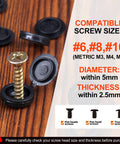 Hinged Plastic Screw Cover Caps for Exposed Mounting Screws Black Flip Top Caps 150 Pcs on wood surface with size chart