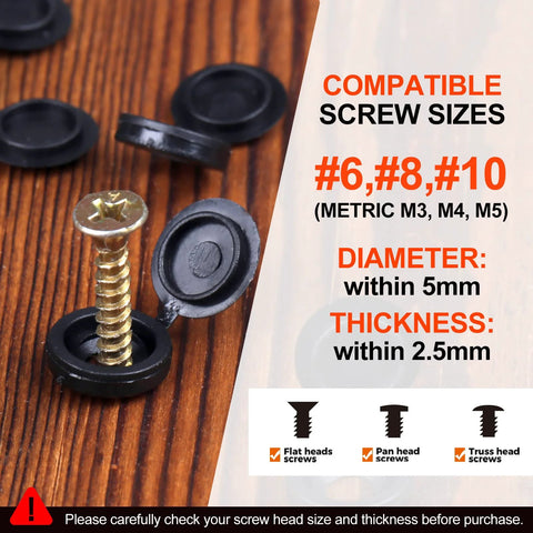 Hinged Plastic Screw Cover Caps for Exposed Mounting Screws Black Flip Top Caps 150 Pcs on wood surface with size chart